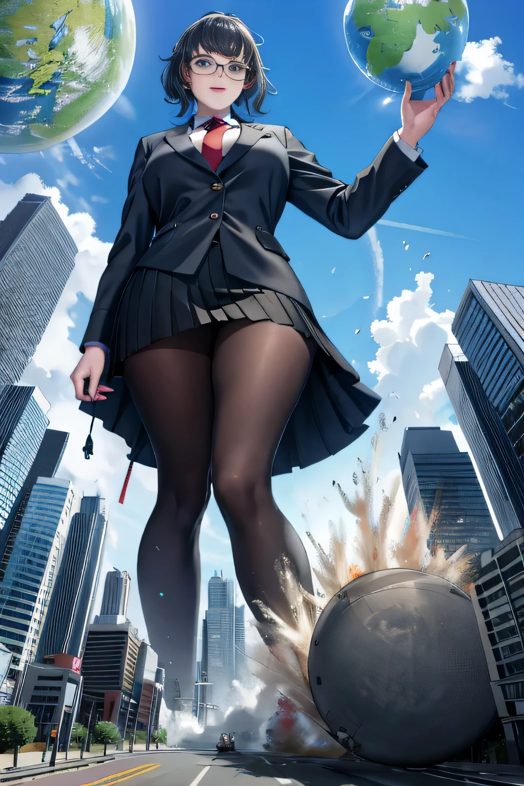 giantess art, surreal high school girl, 非常に詳細なGiantショット, Giant, Shorthair, A gigantic high school girl that&#39;s much bigger than a skyscraper, wearing rimless glasses, huge tit, Big ass, Navy blue blazer, Red tie, mini length skirt, black pantyhose, I don't wear shoes., miniature metropolis, I&#39;m playing with capturing very small aircraft carriers and battleships., gts, giga giantess, giantess, crash warship, tiny warship, micro warship,