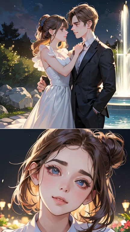 (masutepiece, Digital Art, Digital Illustration, 4K, 8K, Ultra-detailed, beautiful image, Sharp Image, Photorealistic, Raw photo, Perfect face, Perfect lines, Perfect eyes, Soft lighting) 1 woman, (lightbrown hair,Chignon Hair,Innocent look,drooping eyebrows,drooing eyes,with round face,Round jaws、Innocence,cute little,big eye,natural make up,kindly smile,E-cup,23 y-o woman:1.3),Two handsome men in suits, (ember,Men in suits,well-muscled,Firm shoulder width, Boyish hairstyle,Man in his 30s with a cool expression,28-year-old man with bright smile:1.2),A garden full of light、lots of flower、The fountain、colorful flower light,(embarrassed from,Shy smile:1.2),Resort Sofa,the kiss、kiss、a couple、couple kissing、Romance、