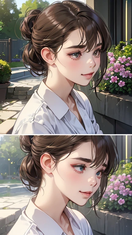 (masutepiece, Digital Art, Digital Illustration, 4K, 8K, Ultra-detailed, beautiful image, Sharp Image, Photorealistic, Raw photo, Perfect face, Perfect lines, Perfect eyes, Soft lighting) 1 woman, (lightbrown hair,Chignon Hair,Innocent look,drooping eyebrows,drooing eyes,with round face,Round jaws、Innocence,cute little,big eye,natural make up,kindly smile,E-cup,23 y-o woman:1.3),Two handsome men in suits, (ember,Men in suits,well-muscled,Firm shoulder width, Boyish hairstyle,Man in his 30s with a cool expression,28-year-old man with bright smile:1.2),A garden full of light、lots of flower、The fountain、colorful flower light,(embarrassed from,Shy smile:1.2),Resort Sofa,the kiss、kiss、a couple、couple kissing、Romance、