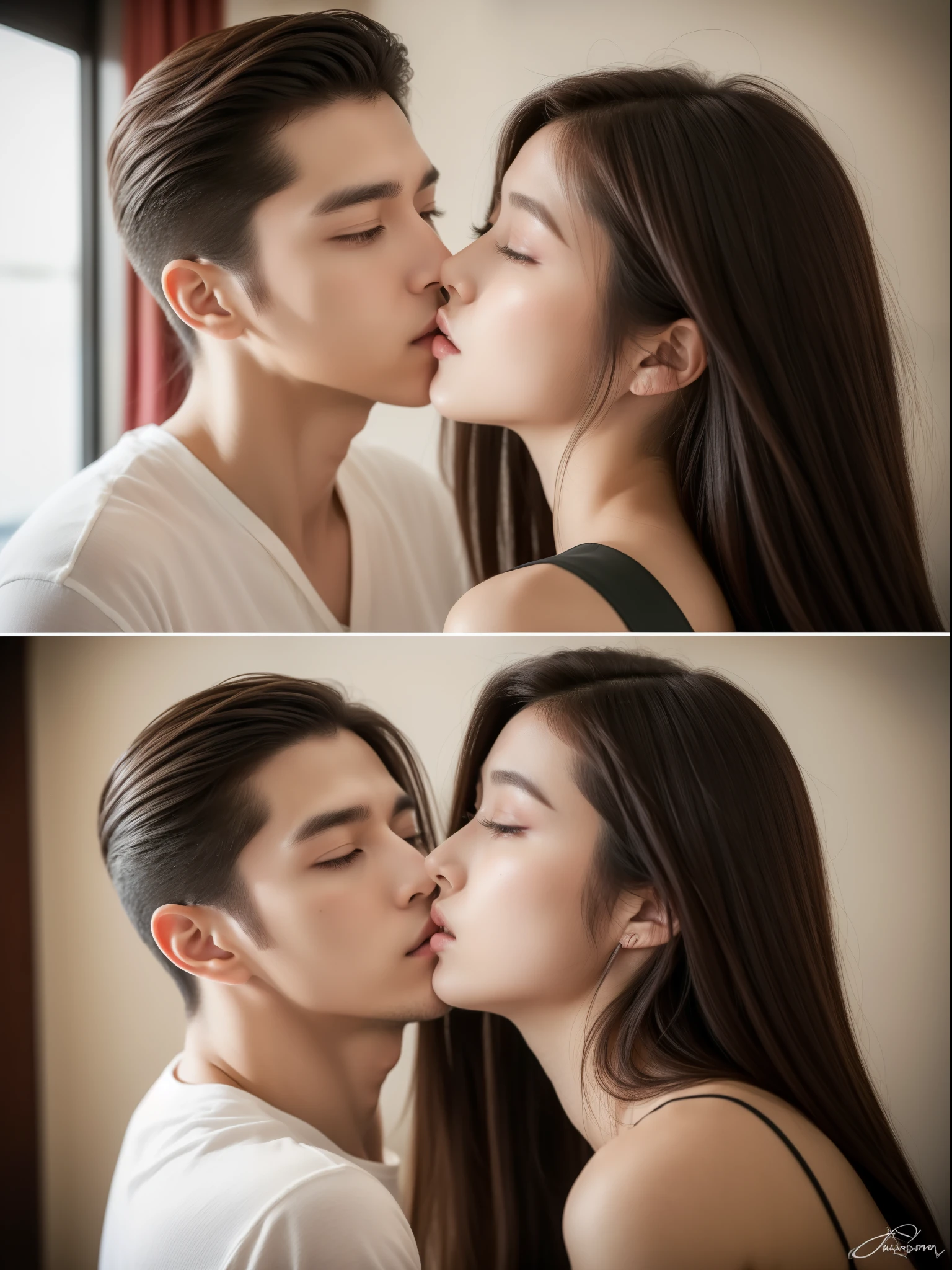 highest quality、ultra high resolution、Super realistic、realistic、Live shooting、8k images、Young beautiful woman kissing the nape of the neck from behind、young handsome Manを愛撫する、 2、hotel room、young handsome Man、Being kissed by a woman