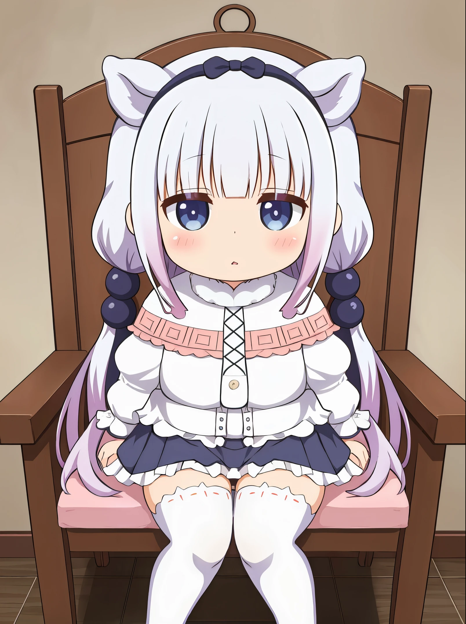 Kanna kamui ,pleated miniskirt, legs garters, she set on chair, 