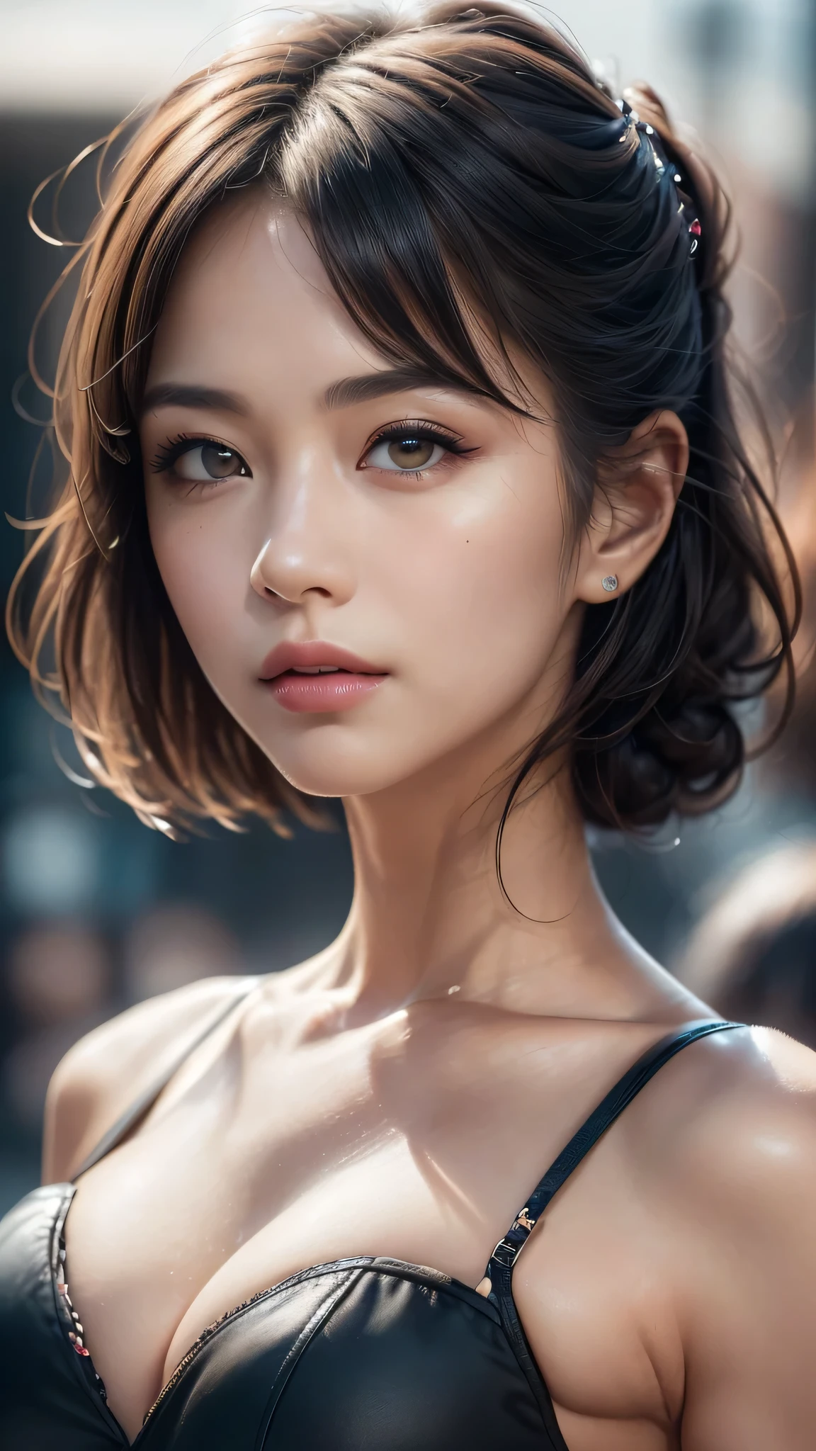 dressed, (photo realistic:1.4), (hyper realistic:1.4), (realistic:1.3), (smoother lighting:1.05), (increase cinematic lighting quality:0.9), 32K, 1girl,20yo girl, realistic lighting, backlighting, light on face, ray trace, (brightening light:1.2), (Increase quality:1.4), (best quality real texture skin:1.4), finely detailed eyes, finely detailed face, finely quality eyes, (tired and sleepy and satisfied:0.0), ((face closeup)), bikini, korean girl, (Increase body line mood:1.1), (Increase skin texture beauty:1.1), (light makeup, [pink lipstick], eyeliner), [Brown eyes], (((light dark short ((side swept bangtremely detailed))), with a perfect body, super fine face