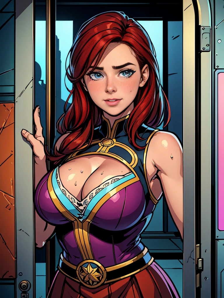 "masterpiece, best quality, masterpiece,best quality,official art,extremely detailed CG unity 8k wallpaper, detailed, professional comic book style, flat colors, prominent outlines and linework,,masterpiece, best quality, official art, extremely detailed CG unity 8k wallpaper, detailed, professional comic book style, flat colors, prominent outlines and linework, ((1girl:1.2, solo:1.2)), ((big breasts:1.3)), delia_ketchum (blush:1.2), parted lips, ((red hair)) intricate details, looking at viewer, intricate details, vibrant image, sharpness, colorful, ambient soft lighting, medium breasts:1.3, mature female, shirt, skirt, pov, look at viewer, open front door, blush, heavy breathing, smile, sweat, 30yo, Young female, perfect eyes, perfect face, expressive eyes, in the center of the image, perfect lighting, Colorful, Bright_Front_face_Lighting, shiny skin, Big breasts, cleavage