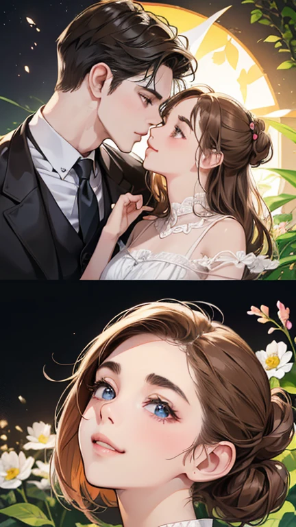 (masutepiece, Digital Art, Digital Illustration, 4K, 8K, Ultra-detailed, beautiful image, Sharp Image, Photorealistic, Raw photo, Perfect face, Perfect lines, Perfect eyes, Soft lighting) 1 woman, (lightbrown hair,Chignon Hair,Innocent look,drooping eyebrows,drooing eyes,with round face,Round jaws、Innocence,cute little,big eye,natural make up,kindly smile,E-cup,23 y-o woman:1.3),Two handsome men in suits, (ember,Men in suits,well-muscled,Firm shoulder width,  Boyish hairstyle,Man in his 30s with a cool expression,28-year-old man with bright smile:1.2),A garden full of light、lots of flower、The fountain、colorful flower light,(embarrassed from,Shy smile:1.2),Resort Sofa,the kiss、kiss、a couple、couple kissing、Romance、