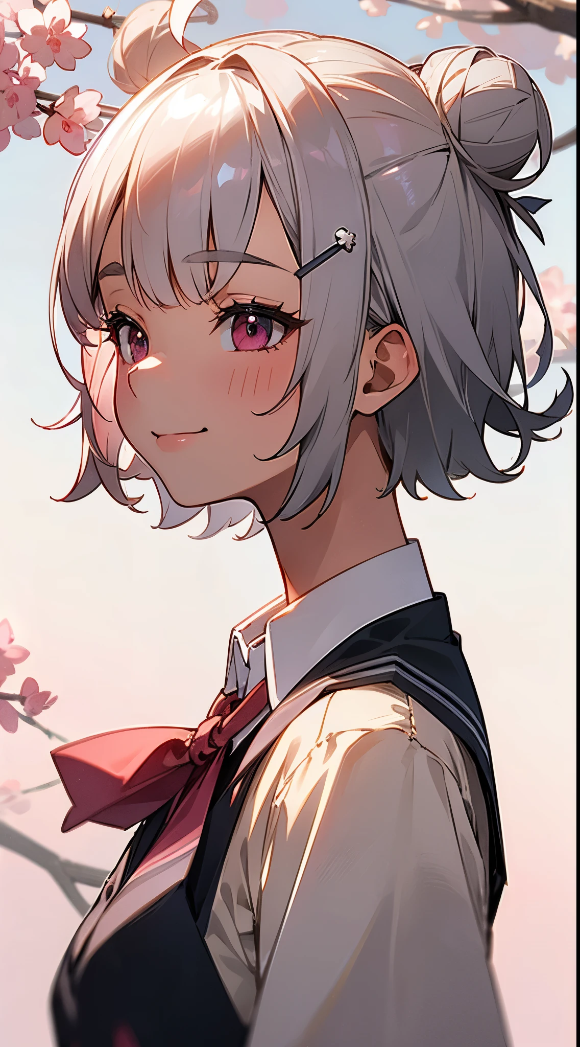 (best quality,High resolution:1.2),Silver-haired girl、Short hair with silver bob styled in a bun with hair clip, pink eyes、red blush、A smile、laugh together、profile、upper body close - up、Sakura Park、appointment