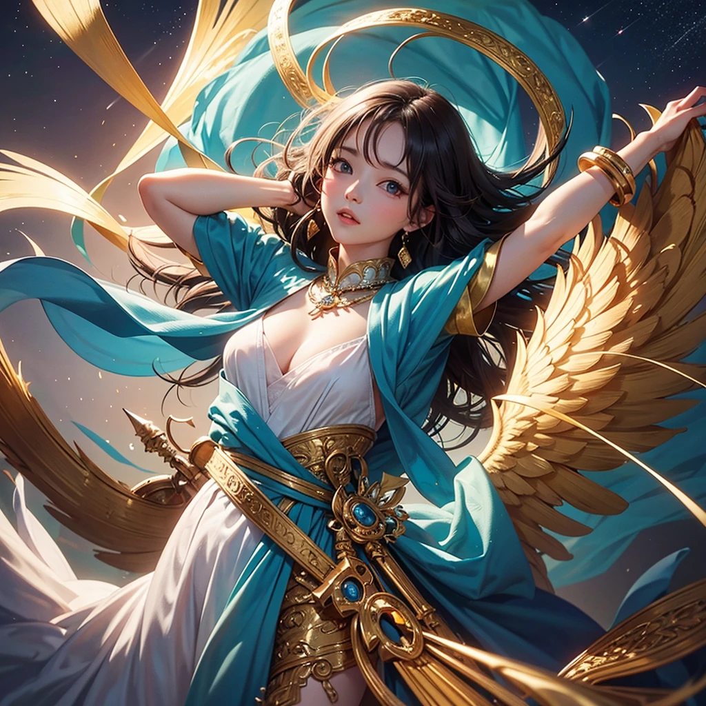 (Photoreal Stick:1.4, masutepiece:1..3, 8K), top-quality, masterpiece, 超A high resolution, Perfect dynamic composition, Professional camera work, Grow Light Effect, Mystical portrait, Cinematic Light, Highly detailed skin and facial texture:1.3, The ultra-detailliert, A detailed eye, (cart, loimu, Eau, the wind, lightning bolt), (myterious:1.3, Fanciful:1.2, tradition:1.2, majestueux:1.2), 1girl in, 25-years old, cute sexy slim female angel, Fair skin, (Enraptured look:0.9, Totally captivates you:1.0), (silver japanese kimono:1.3 off shoulder), (voluptuous breasts:0.9), (Backshots, Calm pose), (Beautiful blue eyes, Eyes that feel beautiful eros:0.85), Sexy face:0.4, (A mouthfeel that feels beautiful eros:0.85), ((Too cute beauty:0.9))