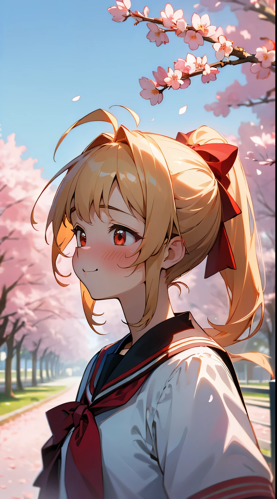 (masterpiece、real、ultra high resolution、high quality:1.2)、
1 girl、(young)、 Blonde ponytail、Red ribbons、Ahoge、big round red eyes、small breasts、red blush、red cheeks、
Portrait、old photo、80s style、dynamic pose、profile、upper body close - up、A smile、laugh together、sailor school uniform、cherry blossoms falling、garden、blue sky
