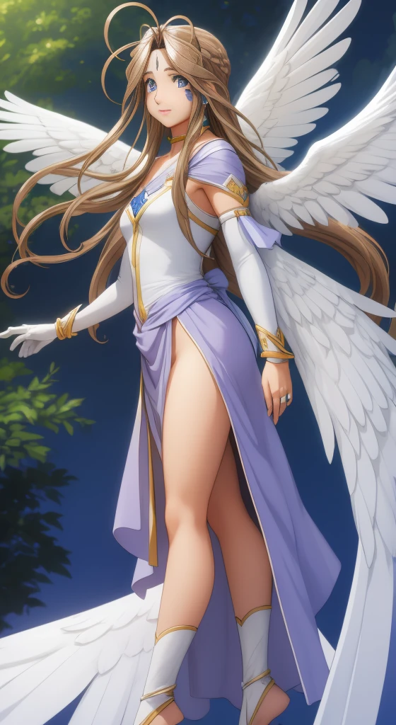 (masterpiece), best quality, high resolution, belldandy, long hair, blue eyes, brown hair, facial mark, forehead mark, gloves, wings, choker, bracelet, ring, feathers, angel wings, view from side:0.6, (forrest:1.1), stand, 20 years old