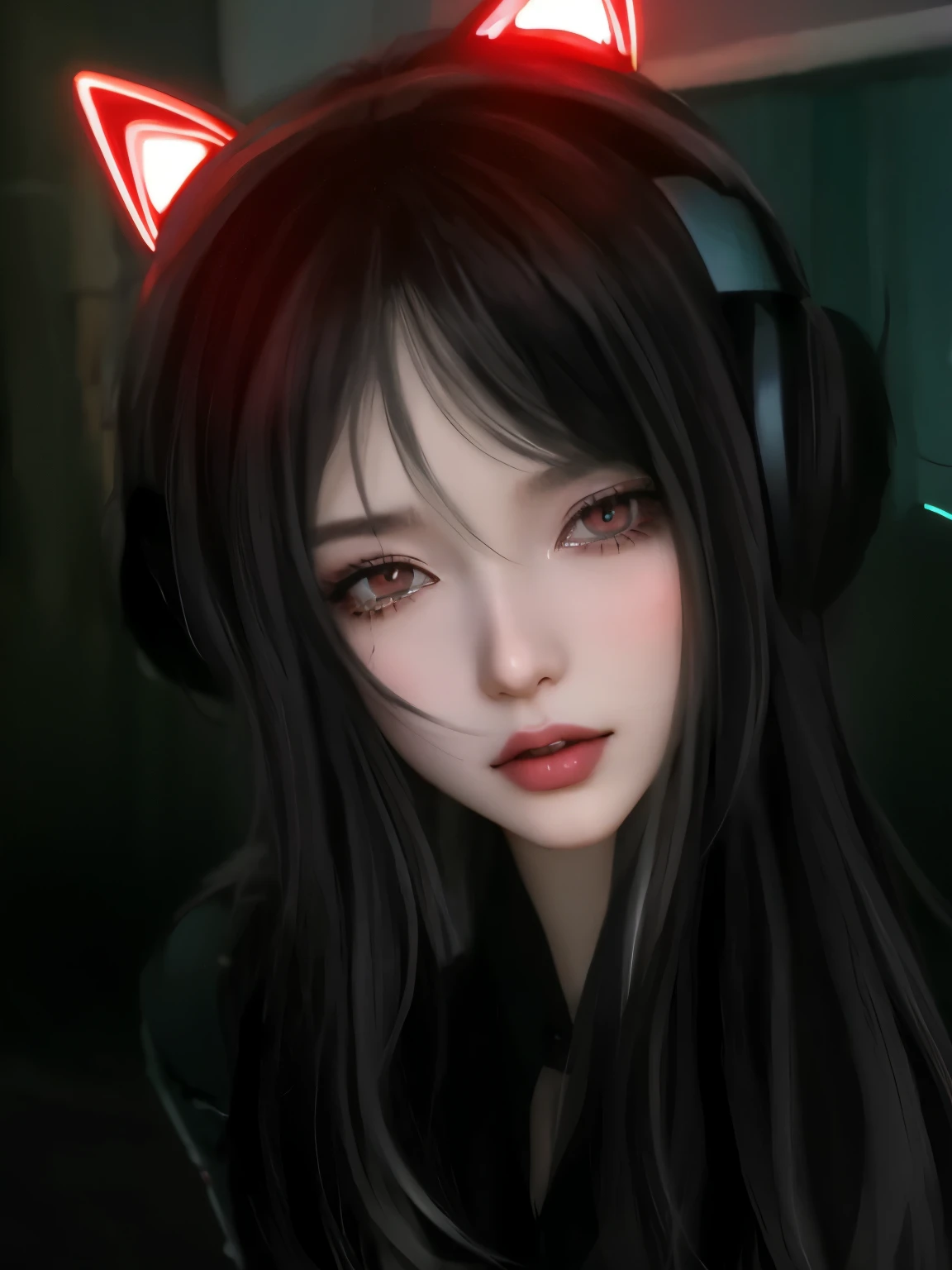 garota anime com orelhas de gato e olhos vermelhos usando fones de ouvido, with olhos vermelhos brilhantes, with olhos vermelhos brilhantes, estilo de arte de anime realista, obras de arte no estilo de guweiz, [ arte digital 4k ]!!, estilo de arte realista, olhos vermelhos brilhantes, Digital anime illustration, olhos vermelhos brilhantes, olhos vermelhos brilhando, cruel korean goth girl