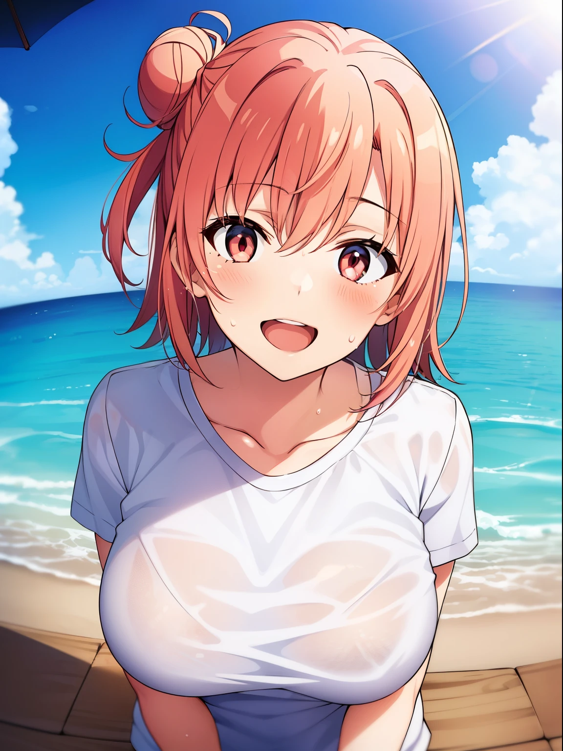 1girl in, Yuigahama Yui, , Short hair, Pink hair, large boobs, hair bun,
(Best Quality, hight resolution, 4K, Detailed Lighting),
(white T-shirt), sweat,
Smile, blush, Open mouth,
at noon, beach, cloud,
From below, POV,