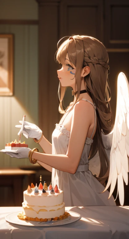 (Create a masterpiece), best quality, high resolution, Bell Dandy, long hair, Blue Eyes, brown hair, facial mark, Forehead marker, gloves, wings, choker, bracelet, rings, body hair, angel wings, View from the side:0.6, (Forrest:1.1), stand, 20 age, birthday cake,table, gift box