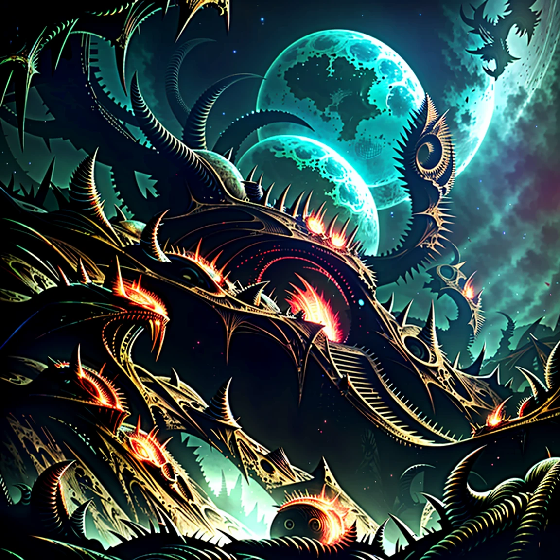 view from the top of peak, horrible futurist biomechanical valley in ruins, evil sculptures, cosmic horror, abyss view, evil and madness, thorns, spiked walls. Sky in suffering. Creepy illustration, Horror art, color drawing, unreal engine, UHD, art by Derek Riggs.