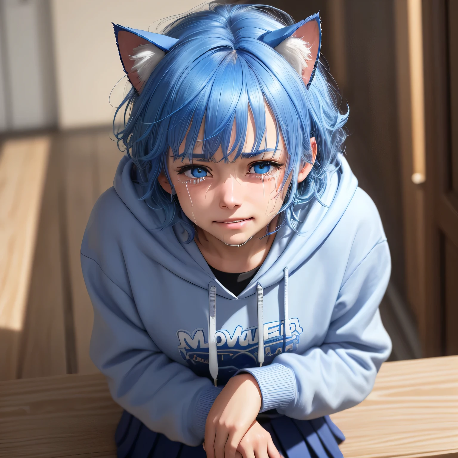 masterpiece, best quality, highly detailed, ultra-realistic, medium close up, blue hair, blue cat ears, blue eyes, tired hair, swept bangs, Short hair, Skirt, hoodie, ((tear)), ((cry)), mouth smile, nose blush, frown, tears, upset, clenched teeth, wipe tears with hands, leaning forward, looking at viewer