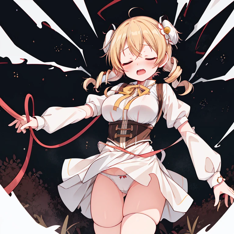 comic, mami tomoe, masterpiece, best quality, highres, big , pain, screaming, closed eyes, (torn clothes, white :1.2), tentacle leash, outdoor