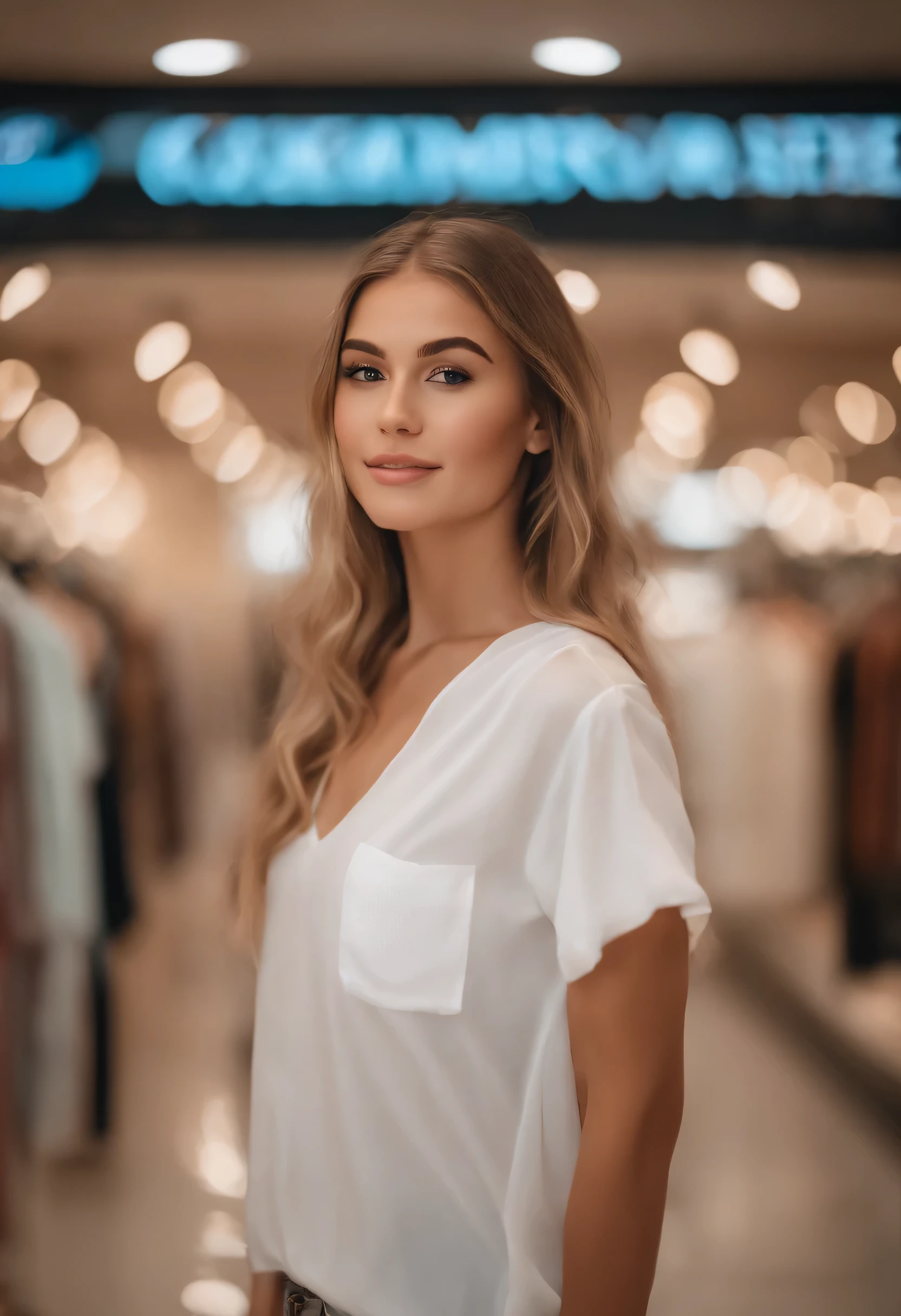 (Mikayla Demaiter) person posing in a mall clothing store, best quality, 1girl, blur background, bokeh, (mall:1.4), ((wearing a white shirt)), gorgeous,, beautiful detailed sky, (dynamic pose:1), soft lighting, wind, ((portrait: 1.4)), 235