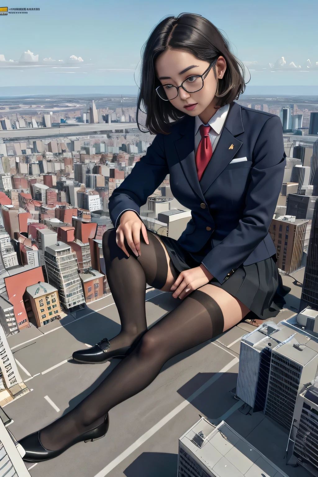 giantess art, surreal high school girl, 非常に詳細なGiantショット, Giant, Shorthair, A gigantic high school girl that&#39;s much bigger than a skyscraper, wearing rimless glasses, huge tit, big butt, Navy blue blazer, Red tie, mini length skirt, black pantyhose, I don't wear shoes., miniature metropolis, I&#39;m playing with capturing very small aircraft carriers and battleships., gts, giga giantess, giantess, crash warship, tiny warship, micro warship,