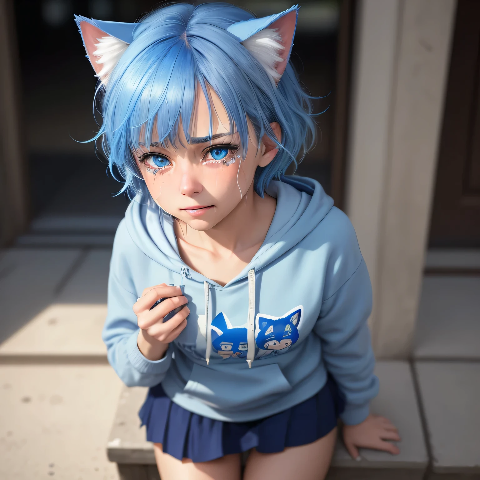 masterpiece, best quality, highly detailed, ultra-realistic, close up, blue hair, blue cat ears, blue eyes, tired hair, swept bangs, Short hair, Skirt, hoodie, sad expression, ((tear)), ((cry)), mouth smile, nose blush, frown, tears, upset, clenched teeth, wipe tears with hands, leaning forward, looking at viewer
