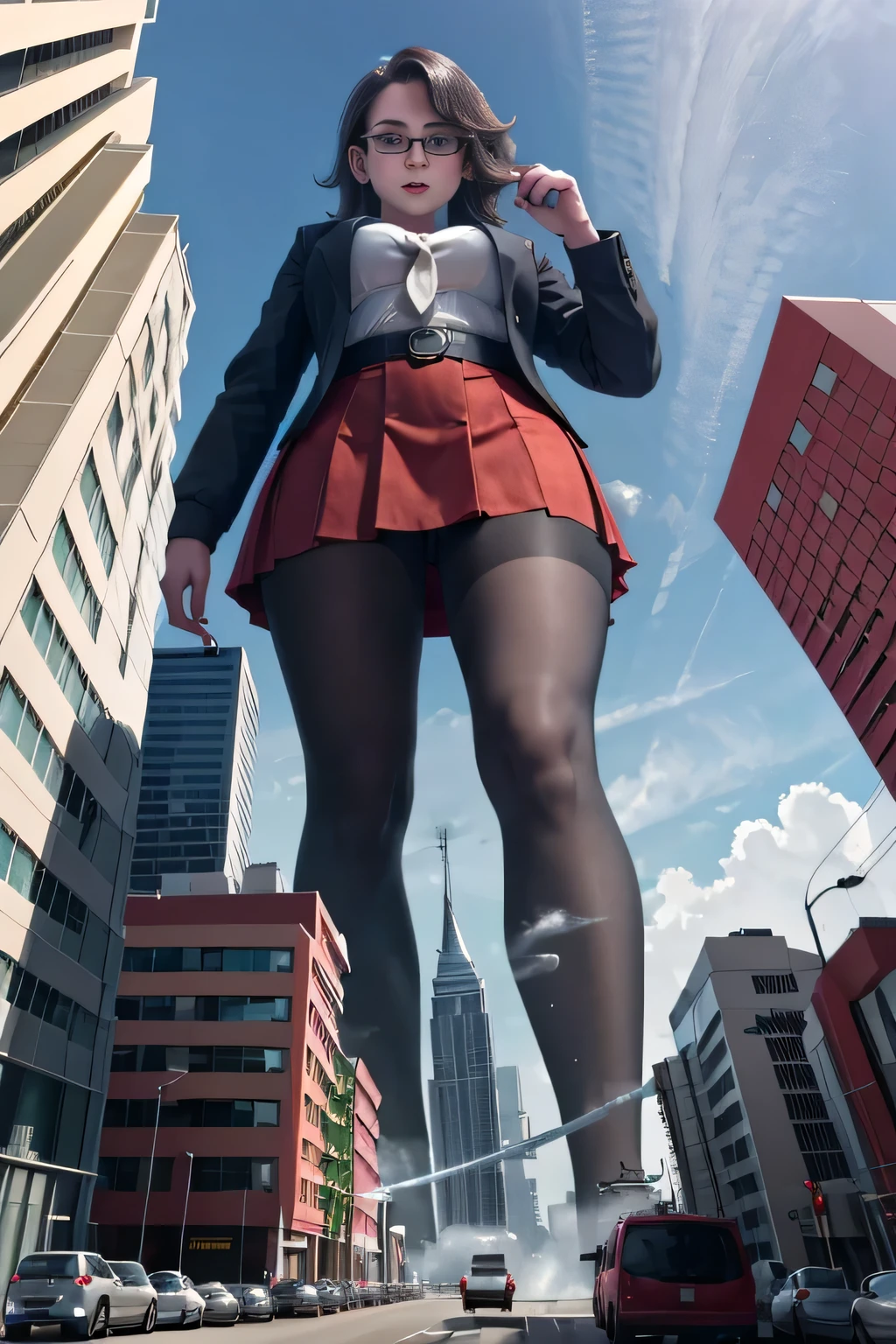 giantess art, surreal high school girl, 非常に詳細なGiantショット, Giant, Shorthair, A gigantic high school girl that's much bigger than a skyscraper, wearing rimless glasses, huge tit, big butt, Navy blue blazer, Red tie, mini length skirt, black pantyhose, I don't wear shoes., miniature metropolis, I'm playing with capturing very small aircraft carriers and battleships., gts, giga giantess, giantess, crash warship, tiny warship, micro warship,