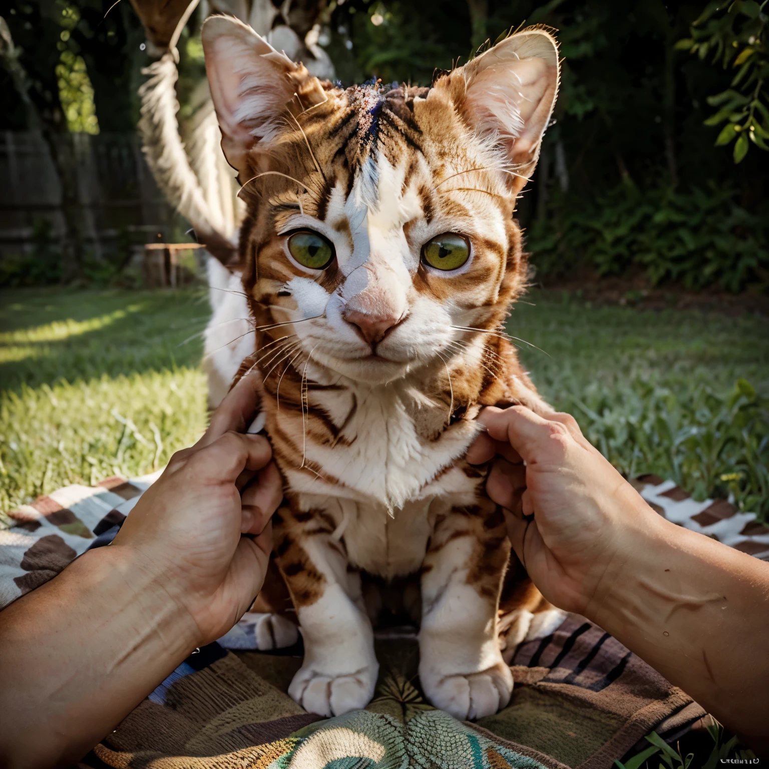 (best quality,4k,8k,highres,masterpiece:1.2),ultra-detailed,(realistic,photorealistic,photo-realistic:1.37),beautiful detailed eyes,beautiful detailed lips,a white cat jerking off,soft fur texture,luxurious garden background,green grass and colorful flowers,vivid color palette,sunlight streaming through the trees,subtle bokeh effect,dream-like atmosphere.