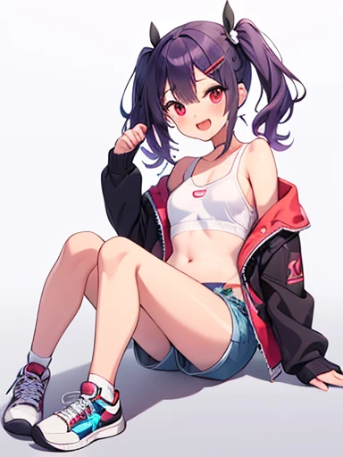 masterpiece,best quality,ultra detailed1girl, solo, looking at viewer, smile, open mouth, hair ornament, red eyes, ribbon, navel, jacket, full body, purple hair, :d, small breasts, shoes, shorts, hairclip, fang, off shoulder, short shorts, v, tan, sneakers, (tanlines), shoes, bare shoulders, jacket, shirt,dolphin shorts, white shirt,skin fang,(short twintails),(messy hair)