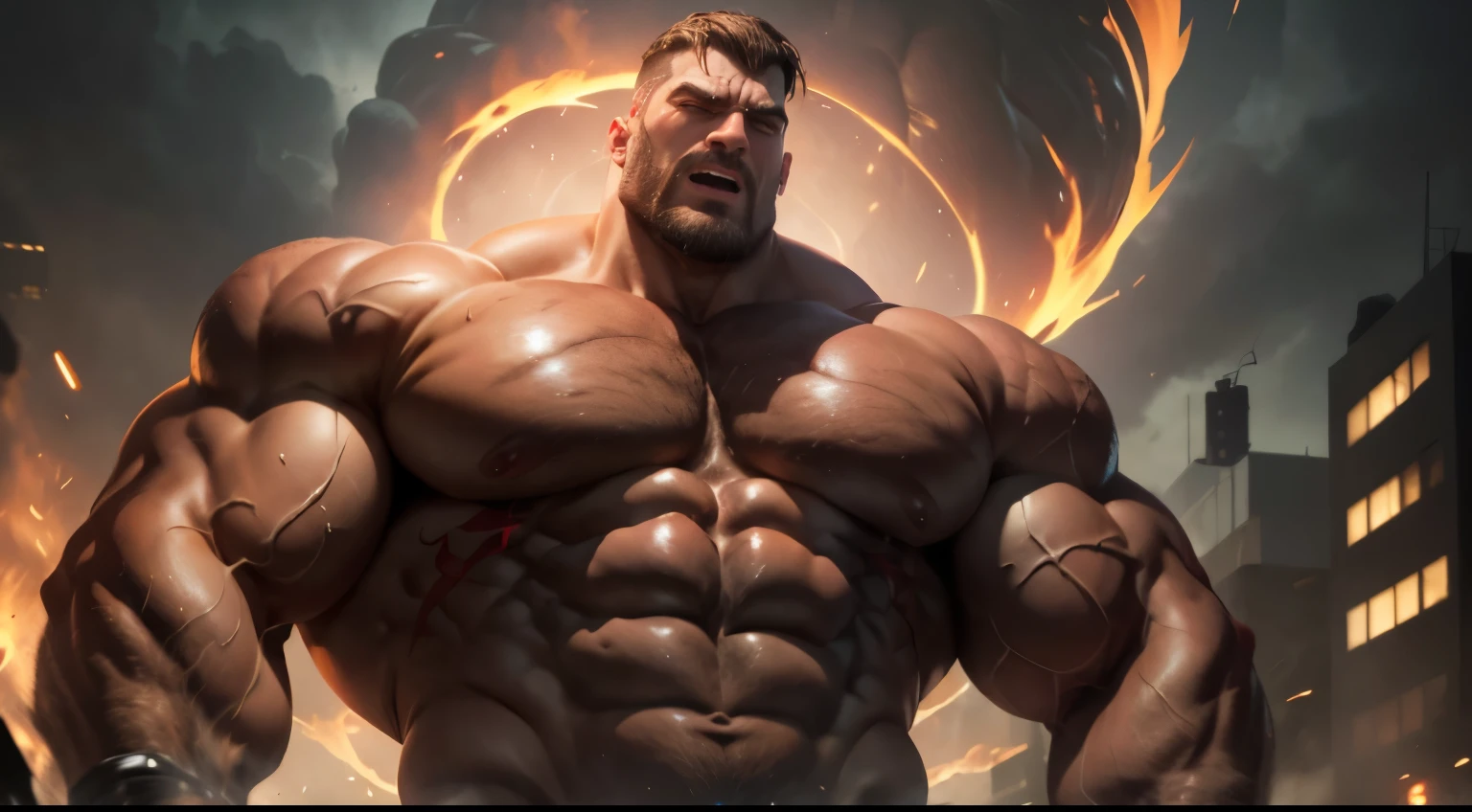 (high quality,ultra-detailed,realistic:1.37),gigantic muscular man,larger than planet Earth,fiery red hair,with beard,evil,malevolent,laughing loudly,night scene,dramatic lighting,ominous atmosphere,destructive power,dark background,glowing red eyes,evil grin,fiery aura,menacing presence,enormous physique,strong and powerful,evil laughter,evil expression,evil intentions,demonic appearance,dark clouds,intense shadows,stormy sky,gloomy atmosphere,devilish,terrifying presence,daunting figure,monster,demonic laugh,wicked,shadowy, Giant, absurdly huge bulge, giant growing more and more, giantic, colossal, muscle domination, macrophilia, briefs, stubble, broad shoulders, vascular, very sweaty, huge belly, thick thighs, very thick arms, large , smirk, tattoo, thug, blushing, veiny hands, photorealistic, anger, bearded, looking at viewer, from below, sweaty body, falling over me, angry, angry expression, evil smile, crush buildings, destroy city, smash everything.