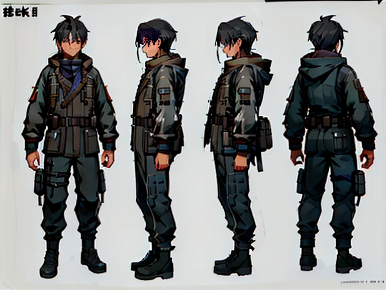 ((masterpiece)),(((best quality))),(character design sheet,same role,street frontage,side,back),illustration,1 boy,Shota,(HD画质,masterpiece level),full body lesbian,round face,wear glasserown eyes和黑色短发的颜色相互呼应,White and gray military trench coat with lines,Show the character’s humility and confidence,There is a name tag on the chest,brown scarf and black,Slightly toned, HD,masterpiece,black hair, brown eyes,Slim fit white and gray technical military windbreaker,No hood,brown scarf,baggy pants,post apocalyptic style, 8K character concept art, 8 Post-apocalyptic vibes, concept art style, Stunning 8K character concept art,Practical and stylish