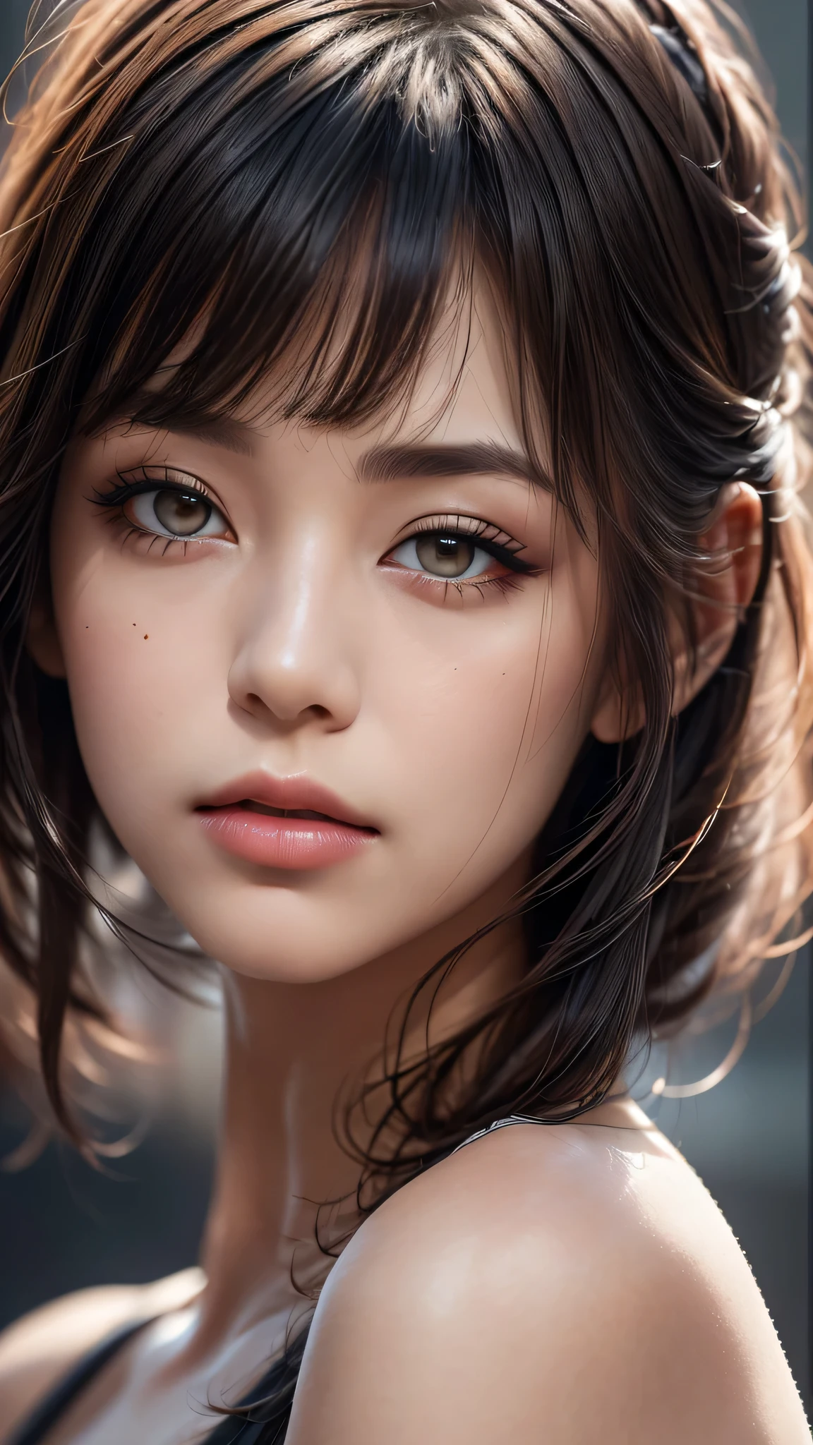 dressed, (photo realistic:1.4), (hyper realistic:1.4), (realistic:1.3), (smoother lighting:1.05), (increase cinematic lighting quality:0.9), 32K, 1girl,25yo girl, realistic lighting, backlighting, light on face, ray trace, (brightening light:1.2), (Increase quality:1.4), (best quality real texture skin:1.4), finely detailed eyes, finely detailed face, finely quality eyes, (tired and sleepy and satisfied:0.0), (((face closeup))), bikini, korean girl, (Increase body line mood:1.1), (Increase skin texture beauty:1.1), (light makeup, [[pink lipstick]], eyeliner), (Brown eyes), ((light dark short (side swept bangs), extremely detailed)), 