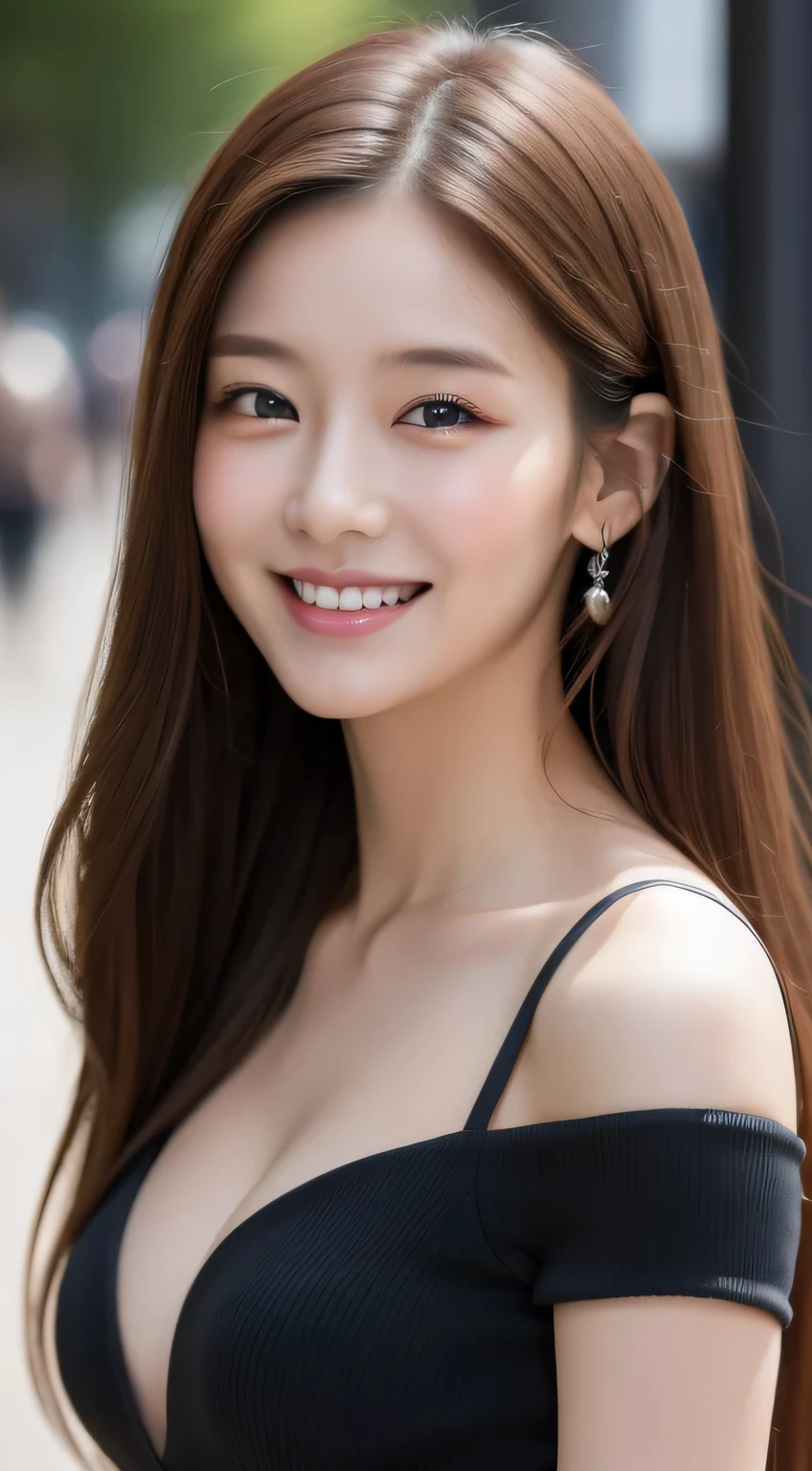 ((Best quality, 8k, Masterpiece :1.3)), 1girl, smiling, full body, slim face, Pretty woman, (Dark brown hair), full length dress :1.1, Ultra-detailed face, Detailed eyes, Double eyelid, blur background, slim face, city, outside, street,