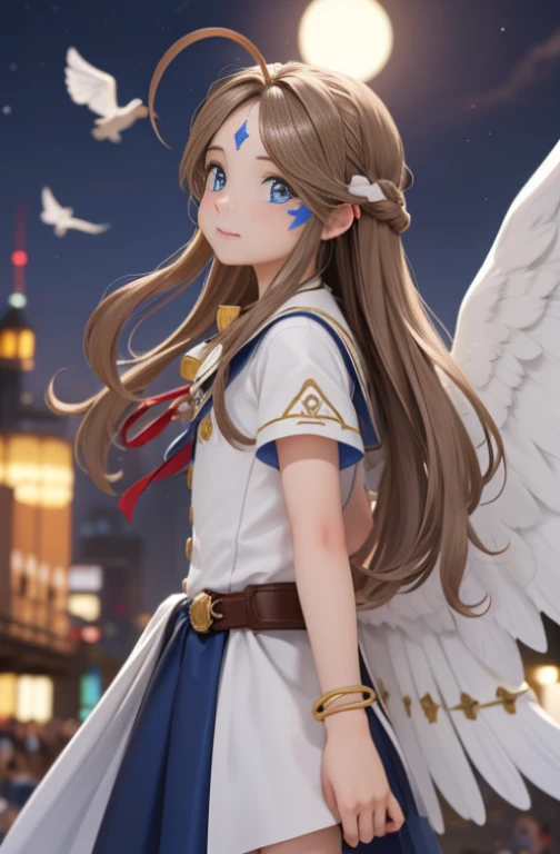 (Masterpiece), best quality, high resolution, Bell Dandy, long hair, blue eyes, brown hair, facial mark, Forehead marker, glove, wings, Neck throttle, bracelet, rings, body hair, angel wings, View from the side:0.6, (Forrest:1.1), stand, 20 age, Happy new years, rocket, nighttime