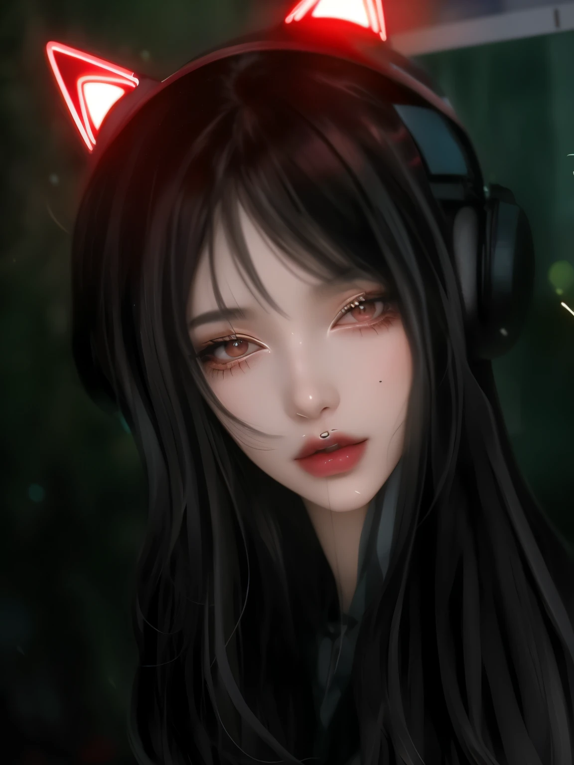 garota anime com orelhas de gato e olhos vermelhos usando fones de ouvido, with olhos vermelhos brilhantes, with olhos vermelhos brilhantes, estilo de arte de anime realista, obras de arte no estilo de guweiz, [ arte digital 4k ]!!, estilo de arte realista, olhos vermelhos brilhantes, Digital anime illustration, olhos vermelhos brilhantes, olhos vermelhos brilhando, cruel korean goth girl