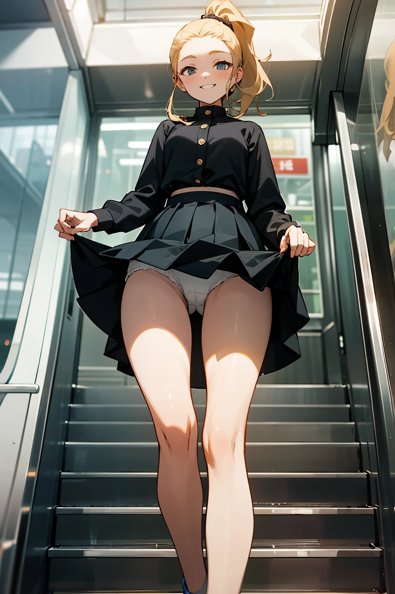 Woman standing in a glass elevator。underpants .lift up skirt.from outside.evil smile. forehead.ponytail.from below. blonde hair.Through the glass wall.(crowded in escalator).masterpiece. high quality