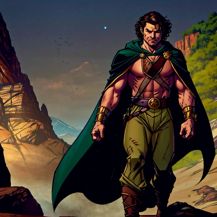 character detailing, man, hobbit, single, without shoes, bare feet, short hair, pixie haircut, leg hair, cape, hood on head, curly hair, fair skin, medieval, adventurer, fantasy, chocolate hair, dark green cloak, brown eyes, angry, big scar on cheek, sword on belt, bone bracelet, (scars), lots of shadows, dark colors, brown pants, milk shirt,