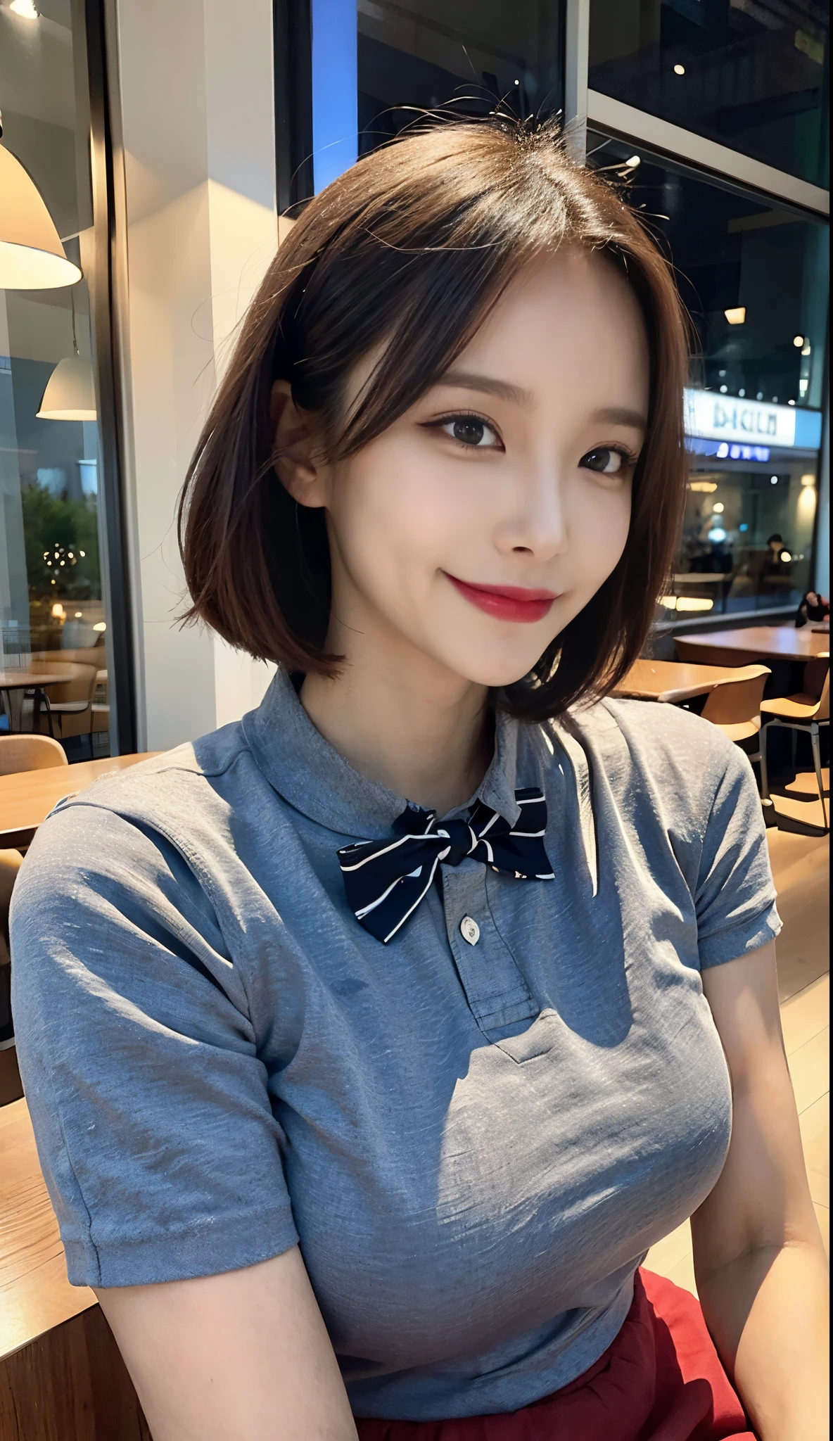 (8k, RAW photo, best quality, masterpiece:1.2), (realistic, photo-realistic:1.37), ultra-detailed,
1 girl,cute, solo,beautiful detailed sky,detailed cafe,night,sitting,dating,(nose blush),(smile:1.1),(closed mouth),large breasts, seductive smile, large aparture, professional lighting, Sony A7R4, Zessie 50mm F1.8,
medium breasts,beautiful detailed eyes,(collared shirt:1.1), bowtie,pleated skirt,(short hair:1.2),floating hair, (8k, RAW photo, best quality, masterpiece:1.2), (realistic, photo-realistic:1.37), 1girl, cute, A beautiful woman with perfect body:1.4, Slim abdomen:1.2, ((sideboob)),(underboob), big breasts, soft breasts, moles under left eyes, short hair, casual hair style, dark brown hair, sweat skined:1.2, hyperrealistic skin detail, ultra-detailed face, delicate eyes, double eyelids, soft breasts, charming expression, Pretty woman with emphasizing slender abs :1.onytail,o