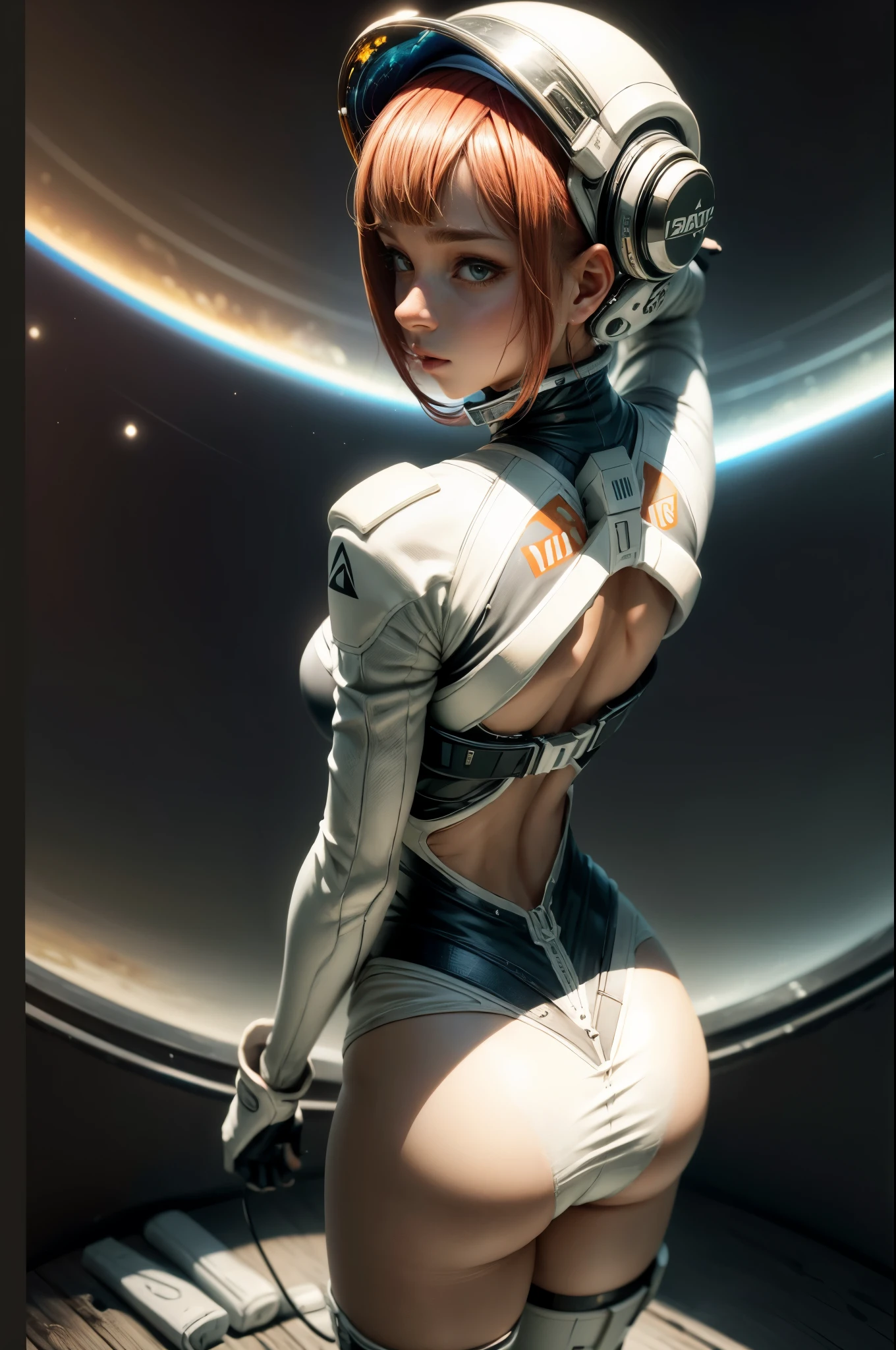 ((obra-prima)), (melhor qualidade)), 8k, alto detalhe, hiper-detalhe, The painting depicts a scene of breathtaking magnificent spatial imagery. A imagem mostra uma mulher vestindo um traje espacial, rear facing, Looking at a bright red planet in space. Scenes are extremely detailed and the clarity is extraordinary, capturando cada detalhe intrincado do panorama.