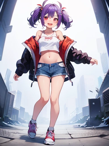 masterpiece,best quality,ultra detailed1girl, solo, looking at viewer, smile, open mouth, hair ornament, red eyes, ribbon, navel, jacket, full body, purple hair, :d, small breasts, shoes, shorts, hairclip, fang, off shoulder, short shorts, v, tan, sneakers, (tanlines), shoes, bare shoulders, jacket, shirt,dolphin shorts, white shirt,skin fang,(short twintails),((messy hair))