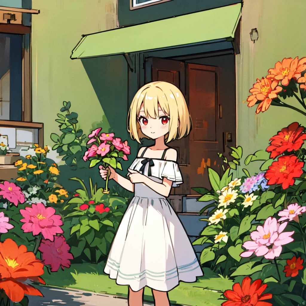 anime, girl single, blonde, bob hair, red eyes, white dress, off-the-shoulder, flower garden,