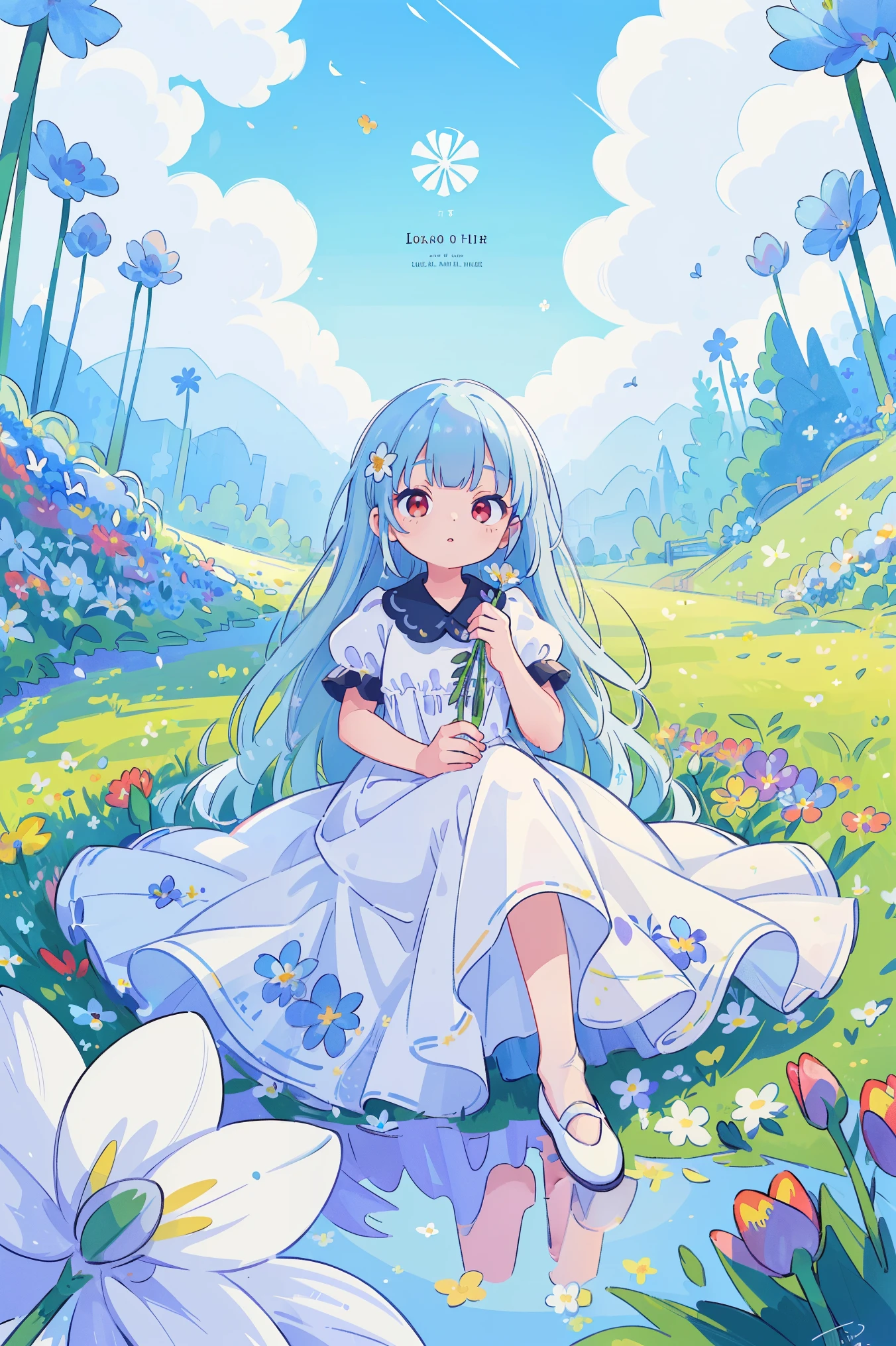 ((best quality)),((masterpiece)),((ultra-detailed)),(illustration),(detailed light),(an extremely delicate and beautiful),((trim)),incredibly_absurdres,(ray tracing),(reflection light),((Movie Poster)),(signature:1.3),(English text:1.3),BREAK (8k:1.3),Wallpaper,1girl,(girl middle of flower:1.4),(pure skyblue hair, red eyes:1.5),clear sky,outside,ultra-detailed,best quality,extreme quality,Masterpiece,beautiful,pretty,sitting on the ground,(absurdly long hair, clear boundaries of the cloth:1.4),(pure white dress, pure white silk cloth:1.5),(ground of flowers, thousand of flowers, colorful flowers, flowers around her, various flowers:1.51),young,stunning,attractive,sundress,fantastic scenery,pure white shoes,