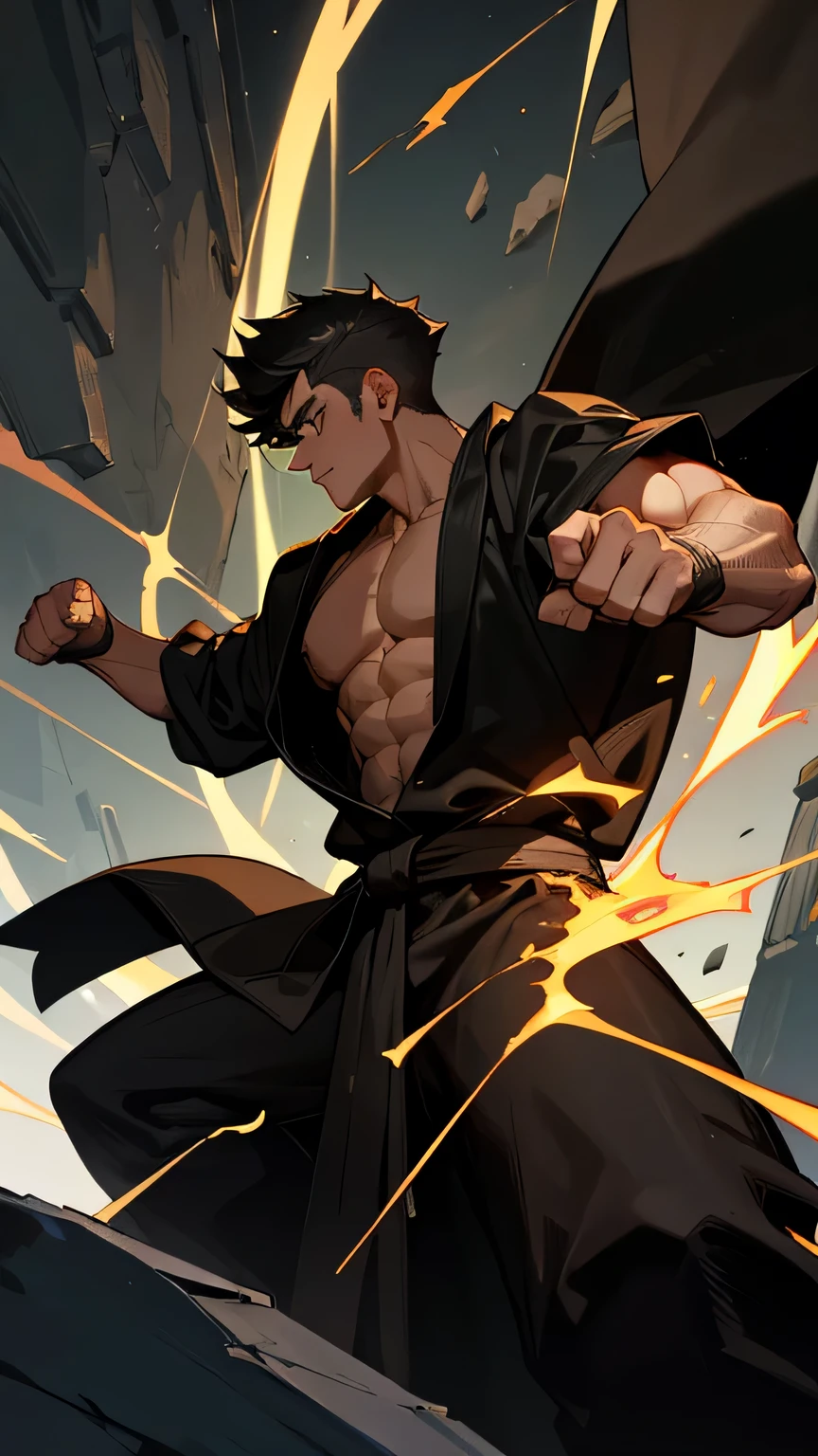 20 year old muscular guy,in a black robe, black short hair with a comb on both sides, magic fists made of stone