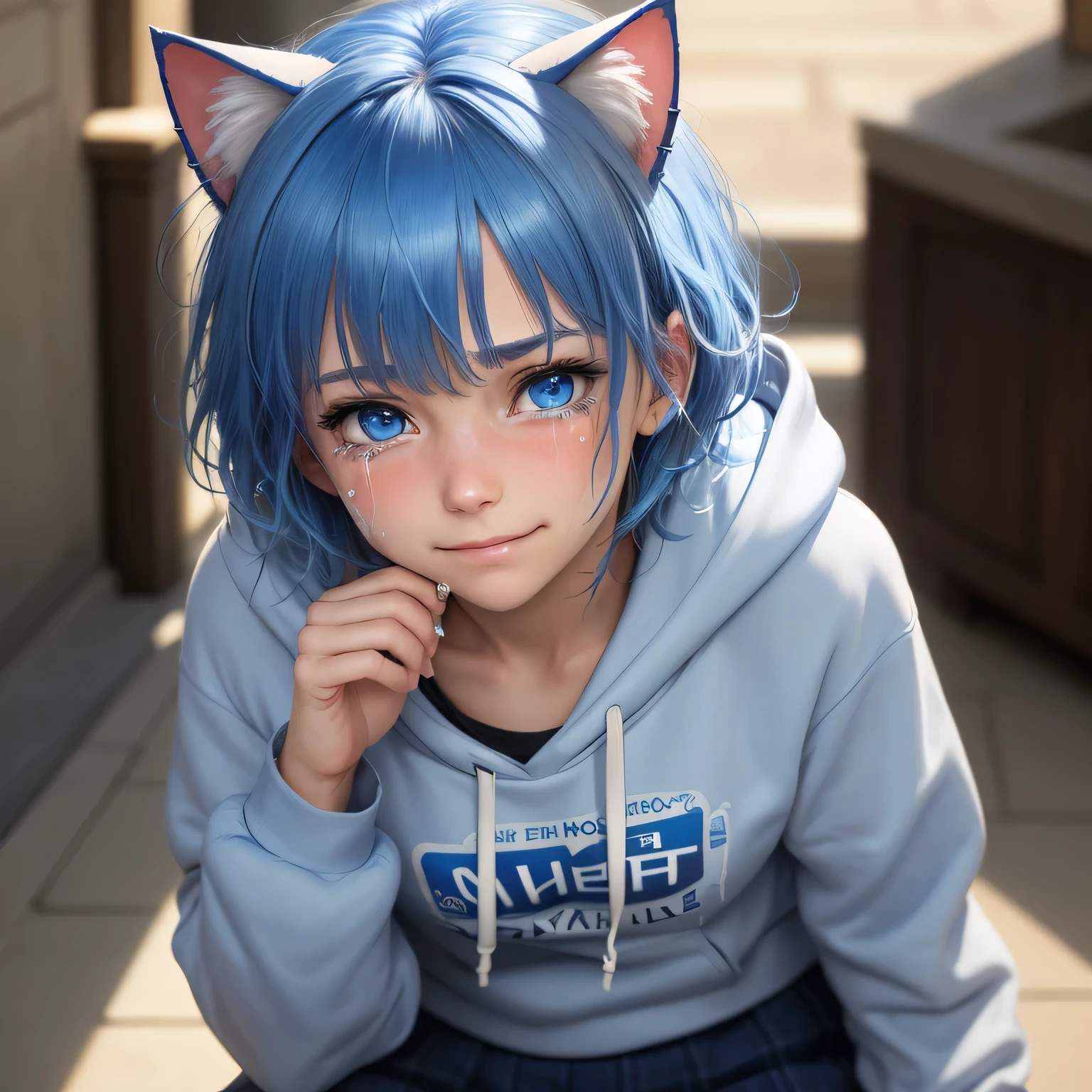 masterpiece, best quality, highly detailed, ultra-realistic, close up, blue hair, blue cat ears, blue eyes, tired hair, swept bangs, Short hair, Skirt, hoodie, sad expression, ((tear)), ((cry)), mouth smile, nose blush, frown, tears, upset, clenched teeth, wipe tears with hands, leaning forward, looking at viewer