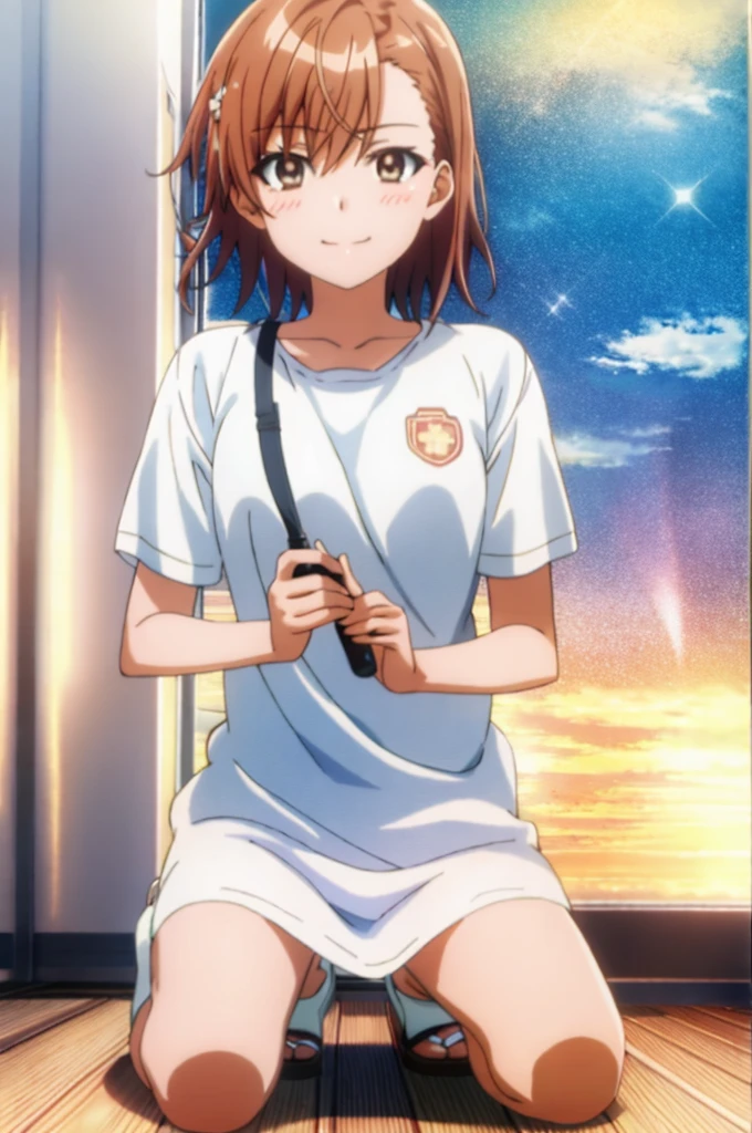 masterpiece, highest quality, misaka_mikoto, brown eyes, short_hair, small_breast, look at viewer, solo,, BREAK is a naked body wrapped in a towel、red blush、Smile BREAK is looking at the viewer、 BREAK is indoors、stripping room、full body standing、 BREAK (masutepiece:1.2)、highest quality、High resolution、Unity 8k wallpaper、(An illustration:0.8)、(beautiful detailed eyes:1.6)、highly detailed face、perfect lighting、Highly detailed CG、( perfect hands、perfect anatomy)、