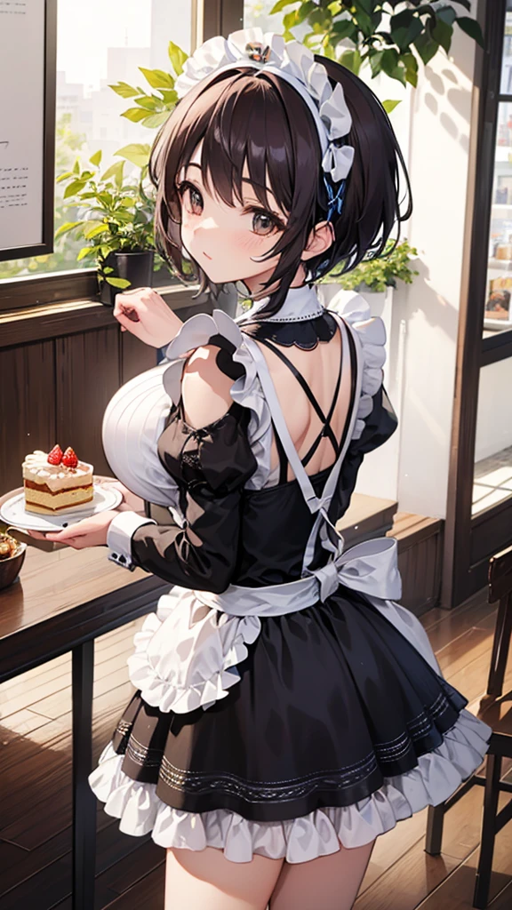 promo photo, The place is a coffee shop, 1 girl, 16-year-old face, Waitress carrying cake to table, Red-headed twin-tailed, kind face, Gothic ****ta half costume and maid costume with strawberry image, Clothes based on white,big breasts