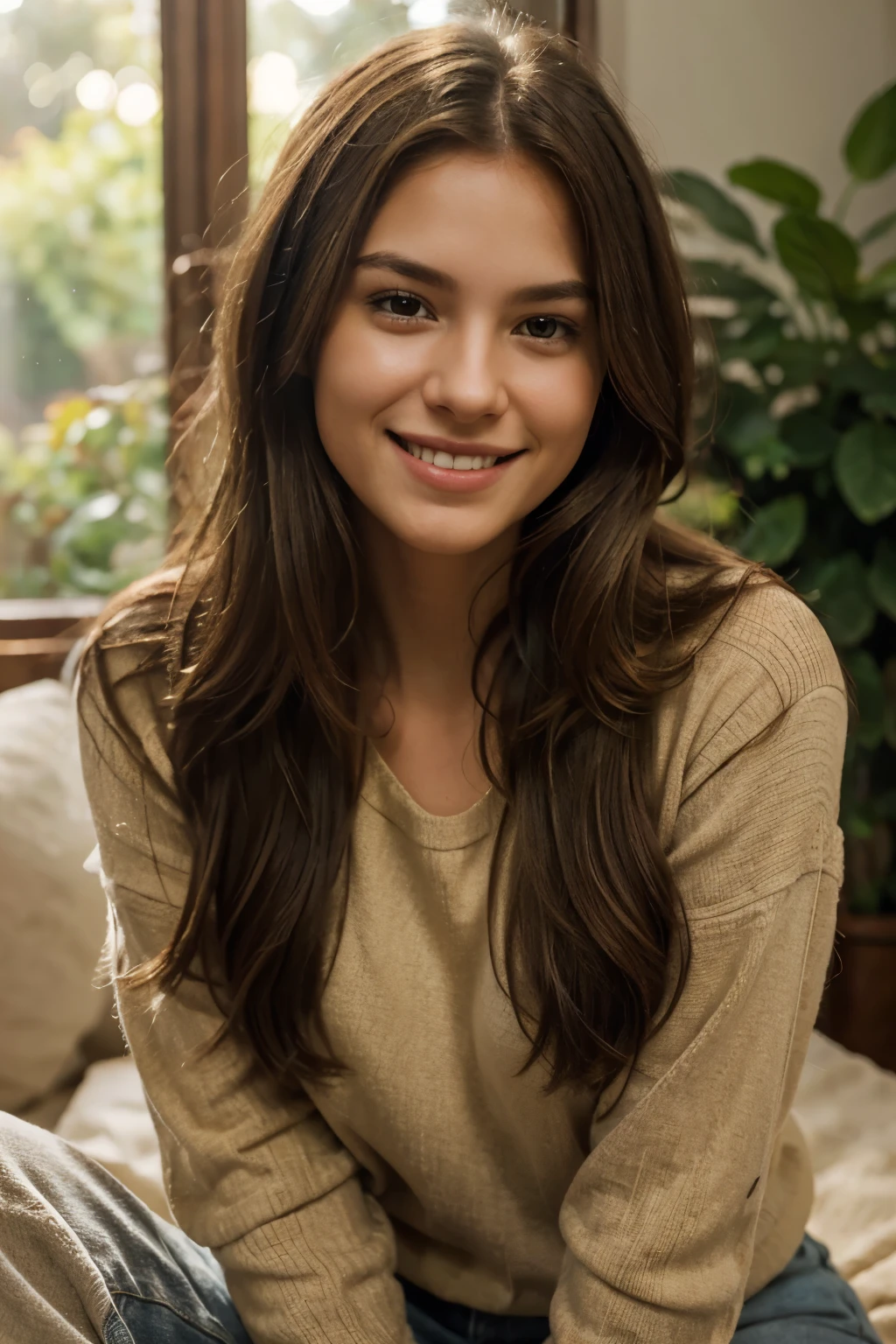 best quality,ultra-detailed,realistic,portrait,soft lighting,warm colors, long hair,smiling face,casual clothes,relaxed posture,front view,greenery in the background,                                                                      cozy atmosphere,intimate lighting, gentle breeze,                                                                    peaceful, tranquil mood.
