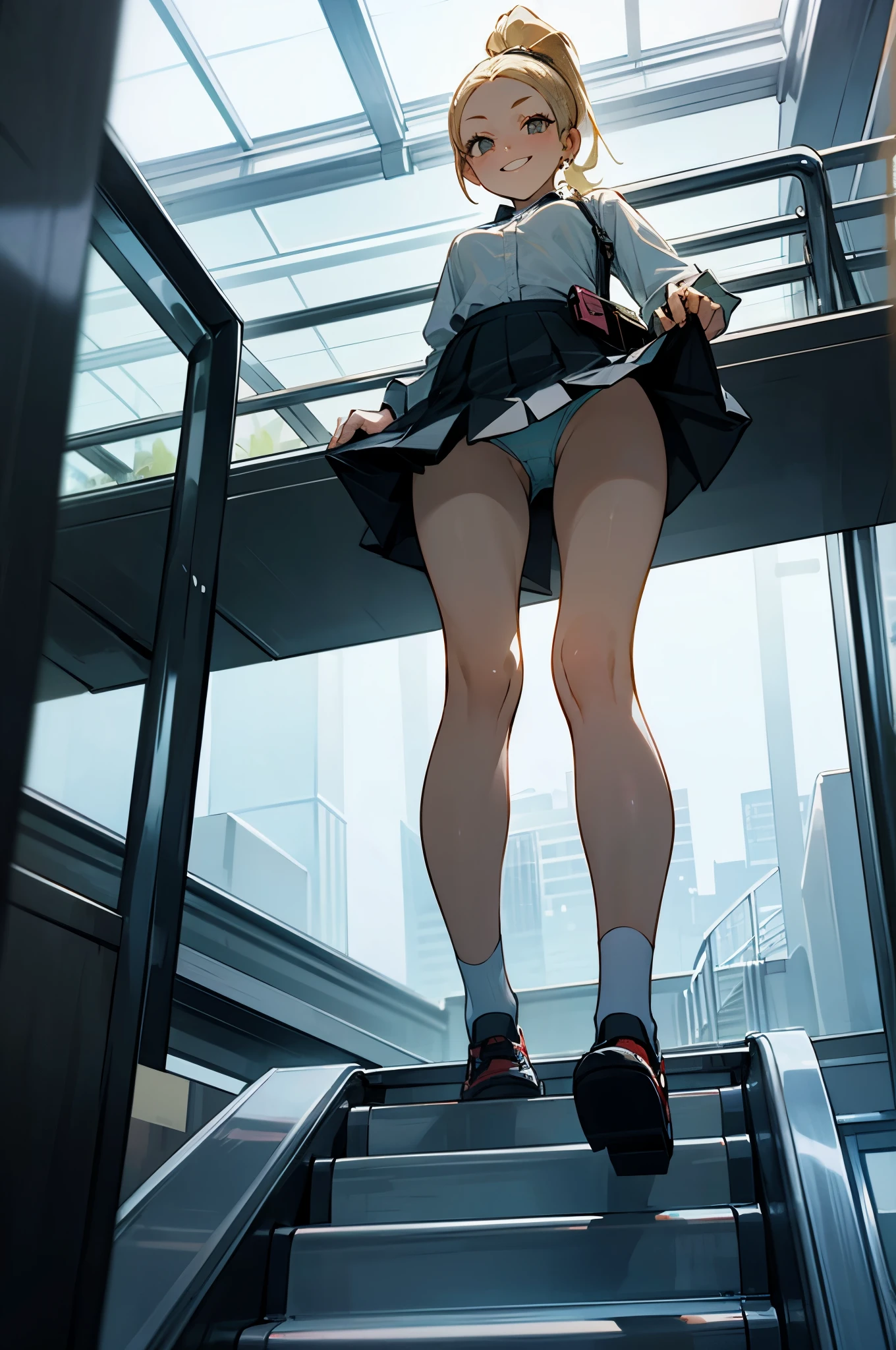 Woman standing in a glass elevator。underpants .lift up skirt.from outside.evil smile. forehead.ponytail.from below. blonde hair.Through the glass wall.(crowded in escalator)