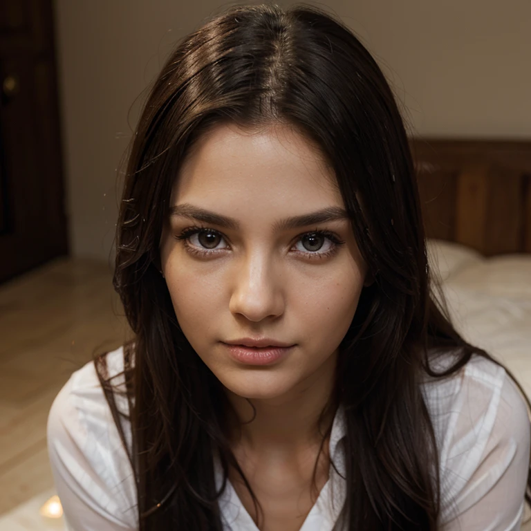 View from above, Realistic, UHD, Photoreal of exotic supermodels with full detailed eyes, white shirt in the bad, long wavy hair, slender body. Exotic Super model in her 20's with full eyes, perfect face, black detailed hair, with detailed face and detailed body, detailed skin, cinematic, Octane rendering, Japanese pin up girls