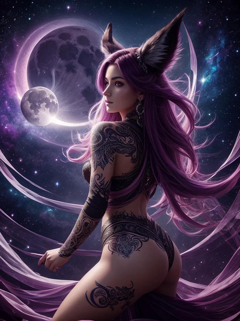 An ethereal being with burgundy hair and violet eyes,adorned with intricate tattoos,gazes to her right. She emanates an otherworldly essence,surrounded by a celestial backdrop with swirling galaxies,creating a cosmic and enchanting atmosphere in this digital art. Her ears are pointed and furry,and a long silver tail sways behind her. She is a descendant of the ancient wolf clan,gifted with the power of the moon and the stars.