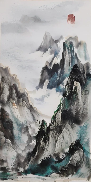 天空红日的Mountain画, Inspired by algae, Inspired by Huang Binhong, Inspired by Wang Shimin, Inspired by Wang Shishen, Inspired by Kim Hong-do, Mountain, inspired by Wu Changshuo, by Luo Mu, watercolor, Inspired by Wang Wei, inspired by Dong Qichang, Mountain on the background