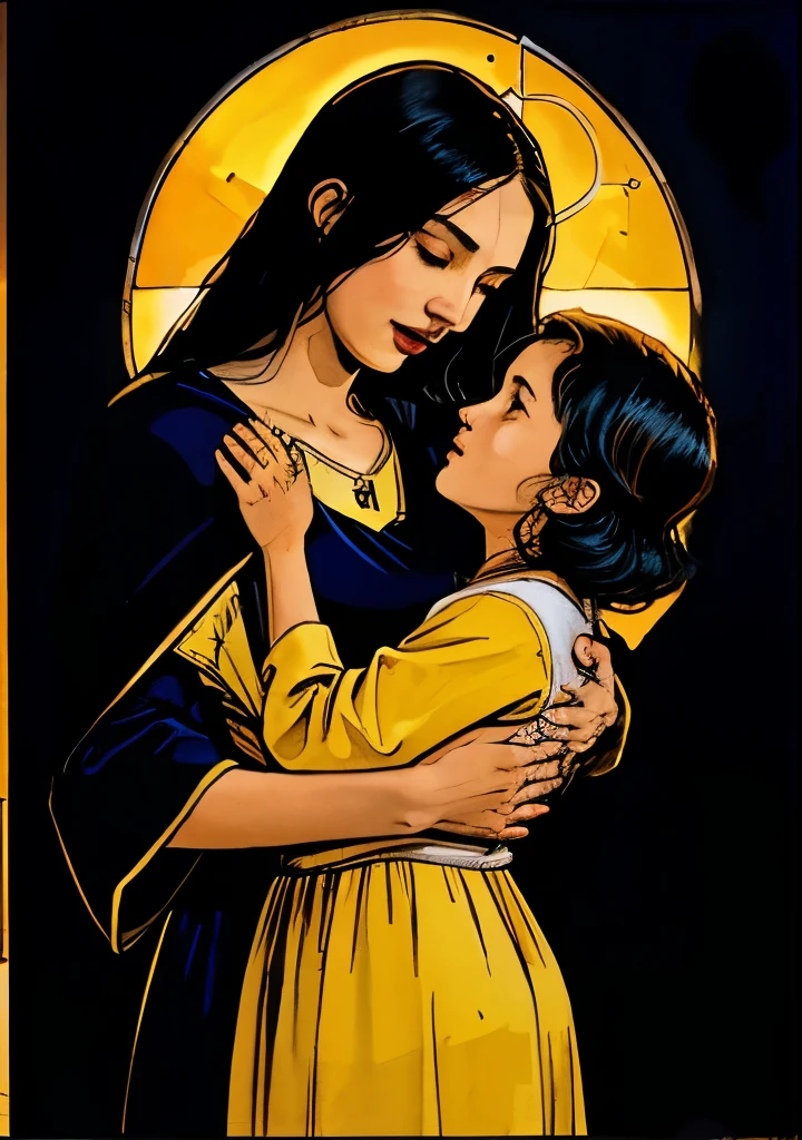 obra de arte, mulher, Holy Virgin Mary hugging a young girl, sorridente, heavenly sky, meio corpo, ((Luz Celestial)), backlight, symmetrical design, FORTE, intrincado, altamente detalhado, pintura digital, art station, arte conceitual, fluido, foco nítido, 插圖, Against Heaven&#39;s Gate, Cinematic lighting,