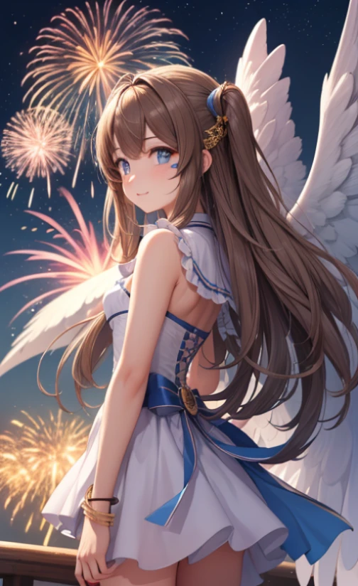 (Masterpiece), best quality, high resolution, Bell Dandy, long hair, blue eyes, brown hair, facial mark, Forehead marker, glove, wings, Neck throttle, bracelet, rings, body hair, angel wings, View from the side:0.6, (Forrest:1.1), stand, 25 years old, Happy new years, Fireworks fill the sky, nighttime, Sharp picture 