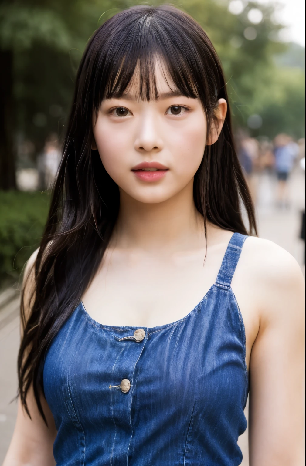 20yr old female, Raw photo,(It&#39;s blurry:1.2) (photorealistic:1.4, realistic), Highly detailed CG unified 8K wallpapers, 1 girl, ((whole body slender:1)), watching at viewers, ((straight from front)), (HQ Skin:1.4), 8K UHD, Digital single-lens reflex camera, soft lighting, high quality, film grain, Fujifilm XT3,  ((upperbody shot:1.2)), (Pink tank top, jeans), ((outdoors, at the park), ((long hair)),  