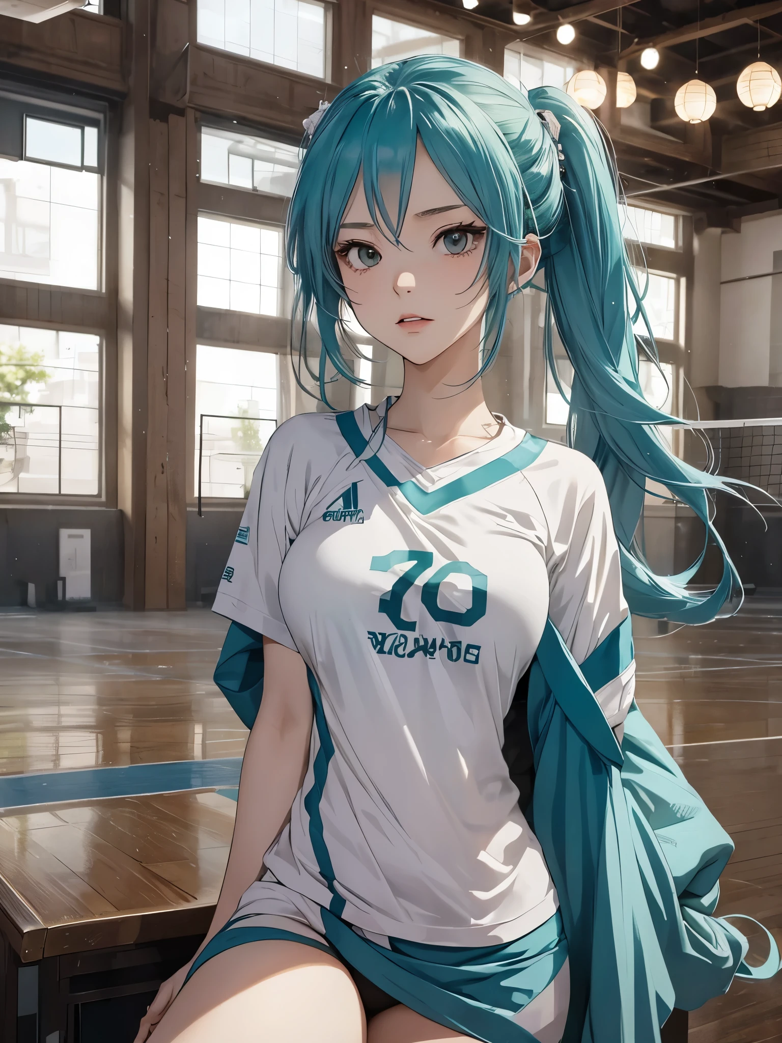 Hatsune Miku,Haikyuu,beautiful breasts,1 lady solo, /(Volleyball uniform/), (Masterpiece of the highest quality:1.2) Ultra-detailed and delicate illustrations, (Indoor Volleyball Court/),Jump high,spikes,serious face